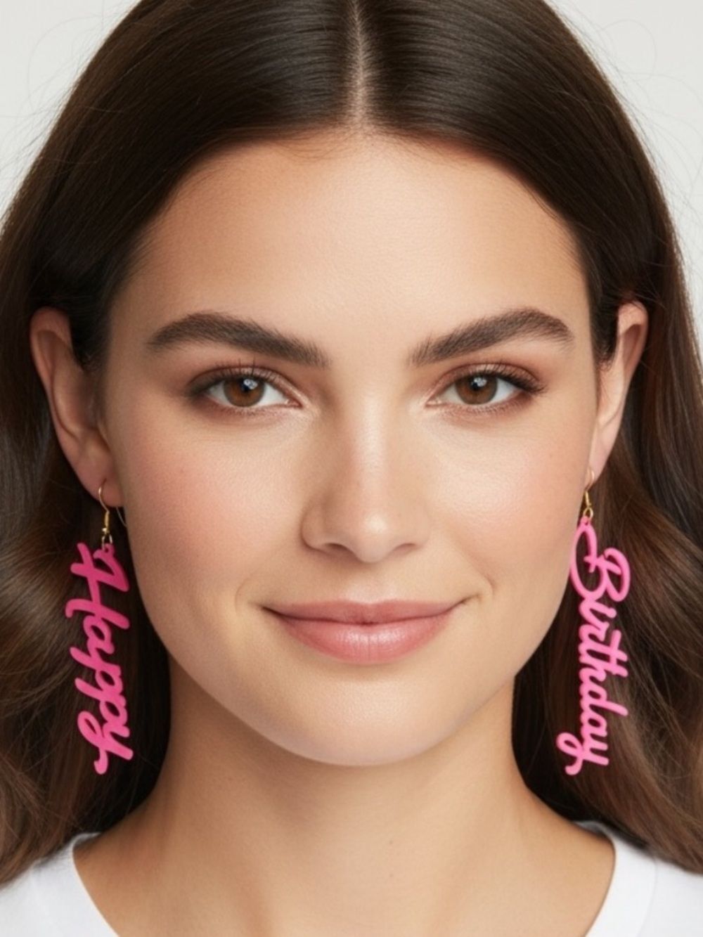Clover Pink "Happy Birthday" Script Drop Earrings